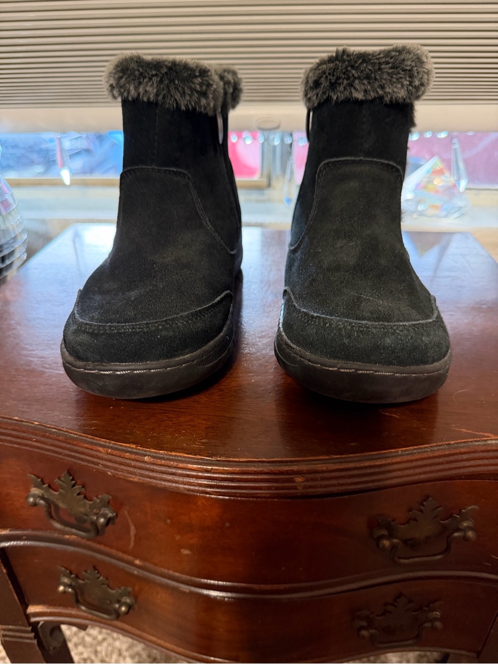 Black Suede Faux-Fur Trim Ankle Boots